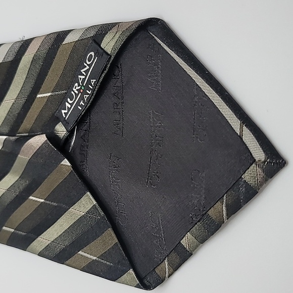 Murano Italia 100% Silk Green Black Stripes Men's Tie - Picture 2 of 3